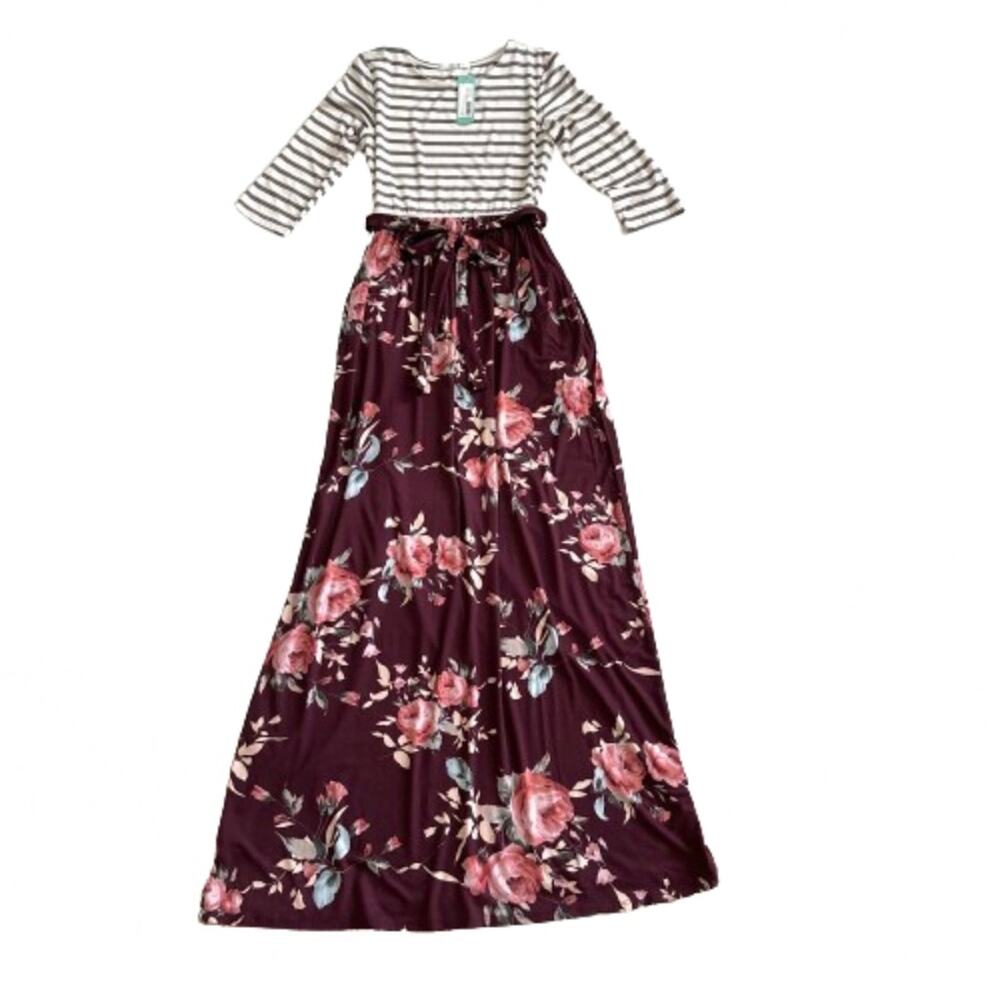 Lux & Co Bernice 2fer Knit Burgundy Tan Stripe Floral Pockets Maxi Dress XS NEW - Picture 8 of 13